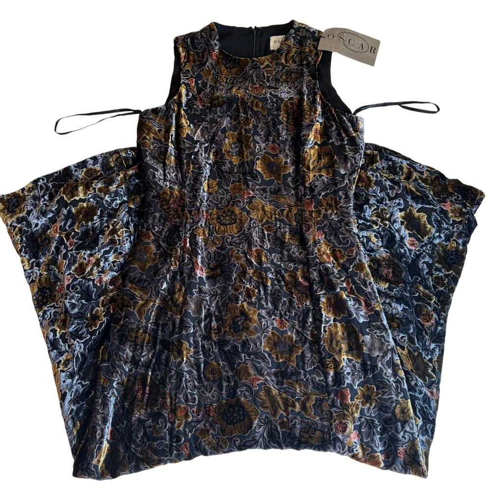 NWT Vintage Oscar de la Renta Silk Velvet Floral Maxi Dress Charcoal Gold Size 4